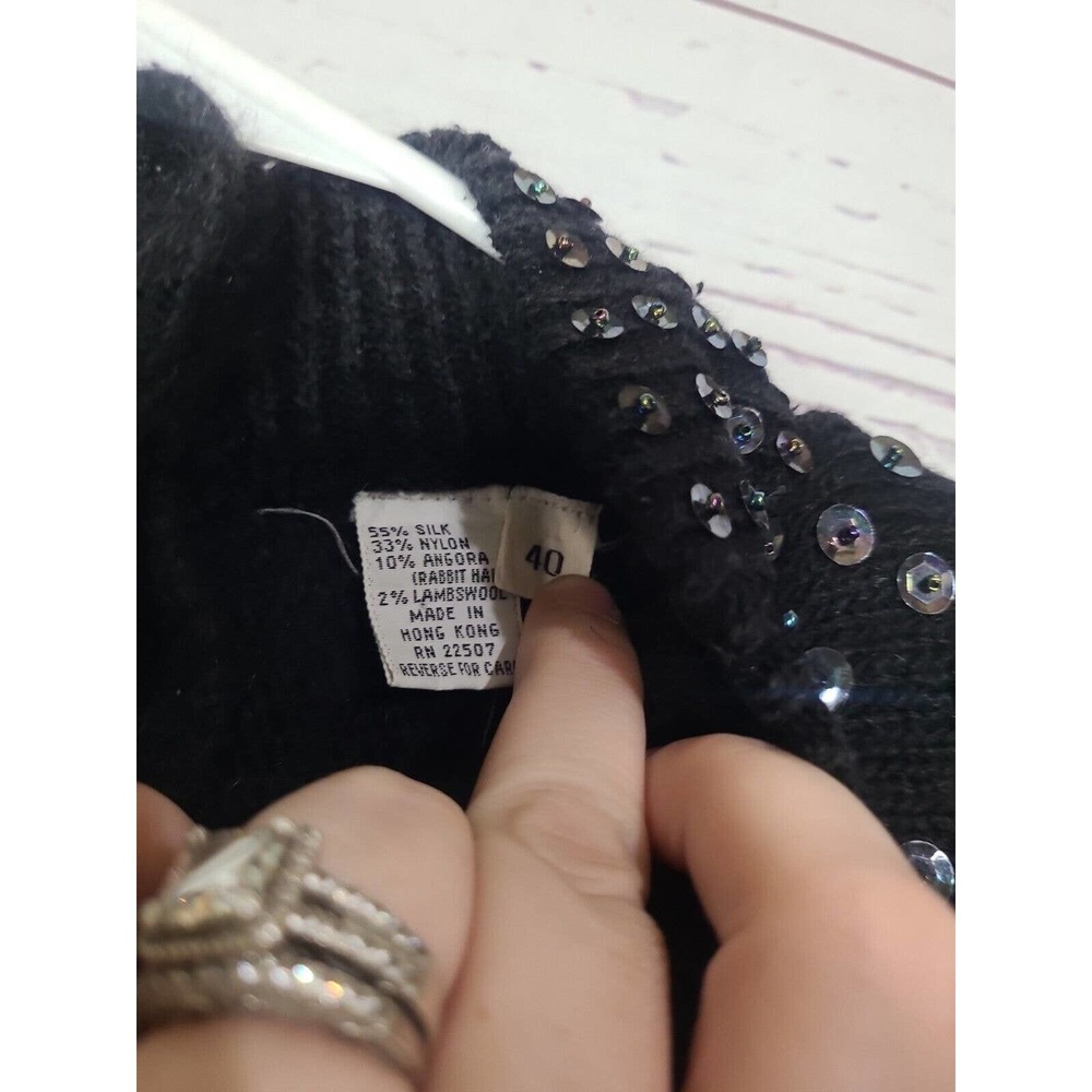 VTG Diana Marco Black Beaded Sequin Mock Neck Silk Angora Sweater Womans Size 40 - Picture 6 of 6